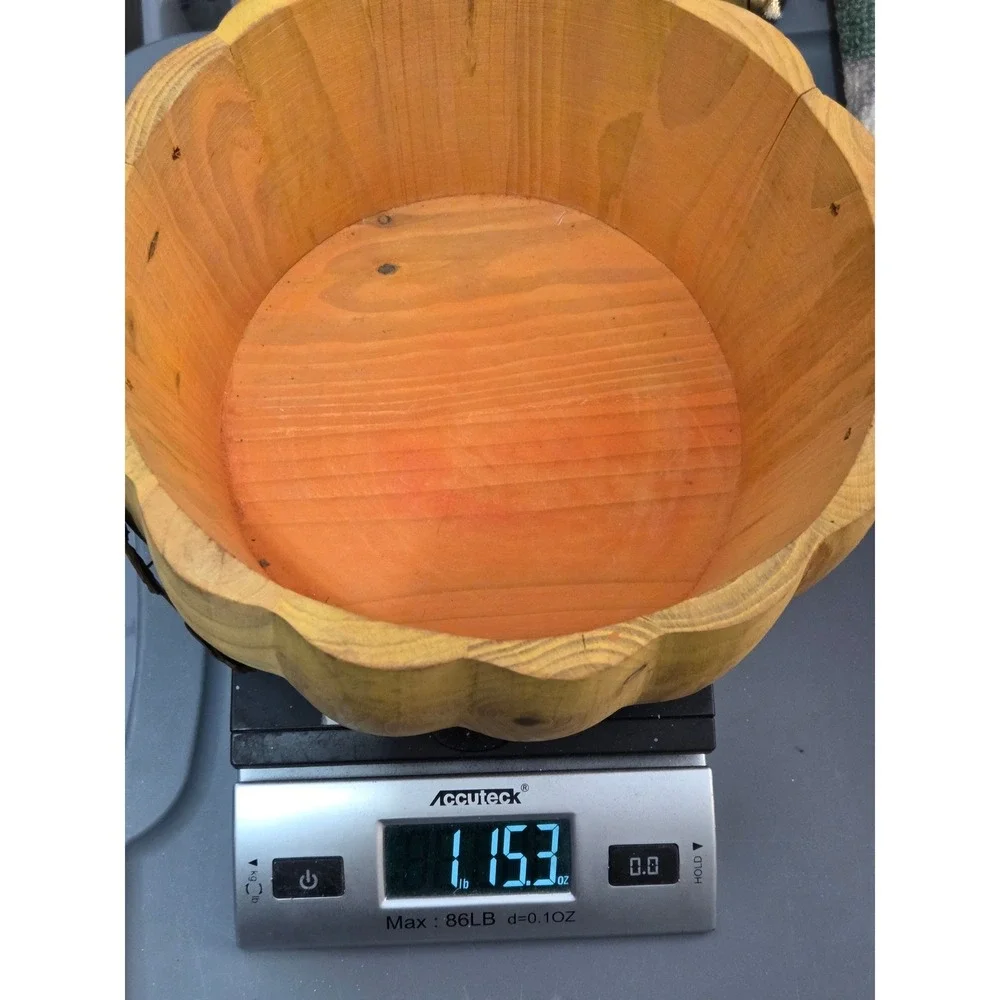Pier 1 Rustic Wooden Pumpkin Bowl Scalloped Edge Metal Handles Harvest Fall